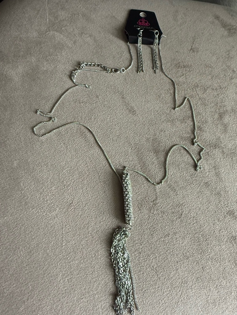 paparazzi Silver Rhinestone Bar Tassel Necklace with Dangle Earrings